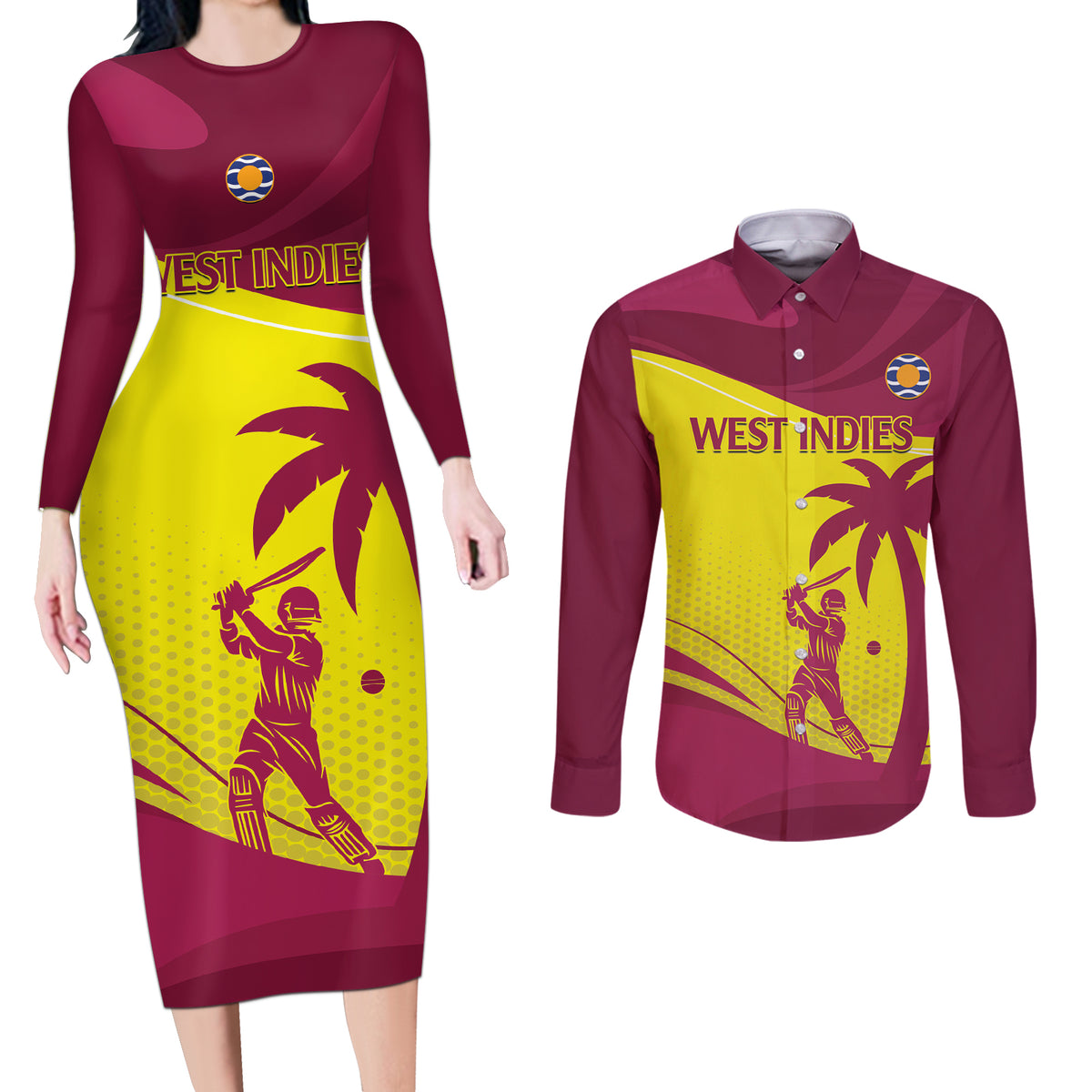 Custom West Indies Cricket Couples Matching Long Sleeve Bodycon Dress and Long Sleeve Button Shirt 2024 World Cup Go Windies - Wonder Print Shop
