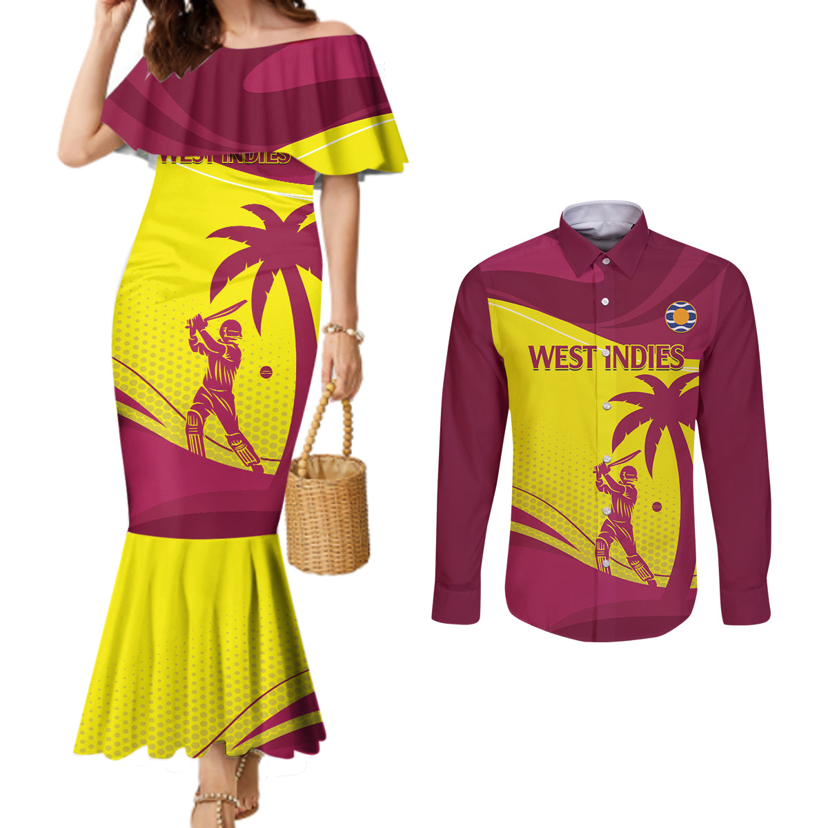 Custom West Indies Cricket Couples Matching Mermaid Dress and Long Sleeve Button Shirt 2024 World Cup Go Windies