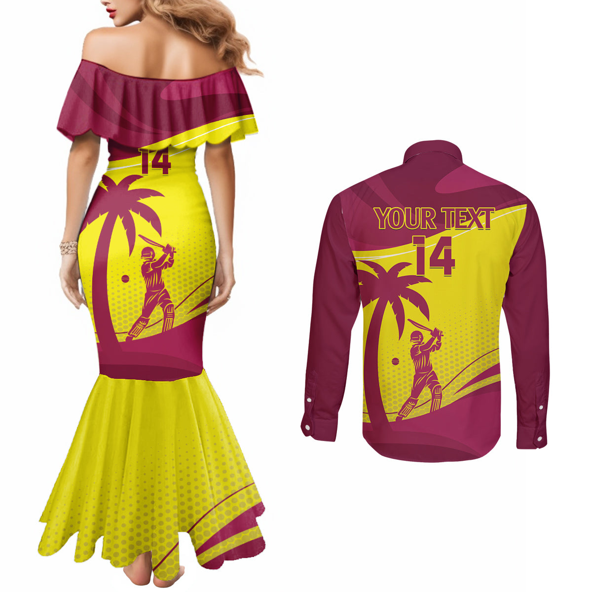Custom West Indies Cricket Couples Matching Mermaid Dress and Long Sleeve Button Shirt 2024 World Cup Go Windies