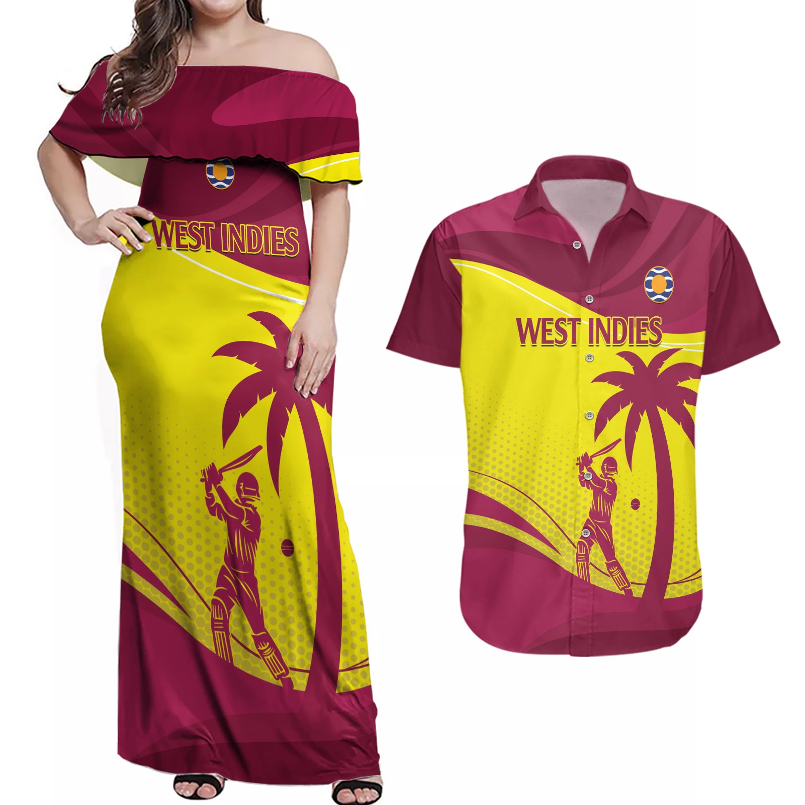 Custom West Indies Cricket Couples Matching Off Shoulder Maxi Dress and Hawaiian Shirt 2024 World Cup Go Windies