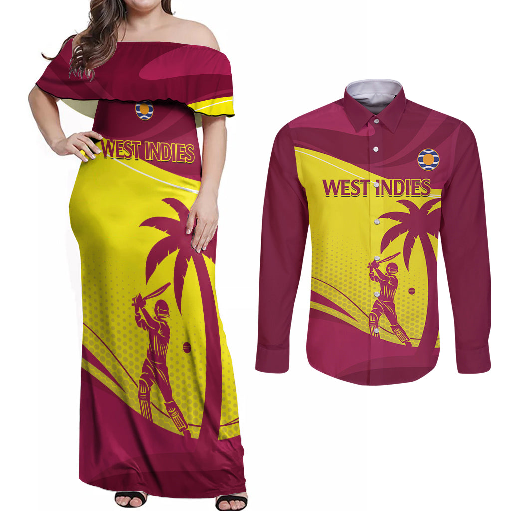 Custom West Indies Cricket Couples Matching Off Shoulder Maxi Dress and Long Sleeve Button Shirt 2024 World Cup Go Windies - Wonder Print Shop