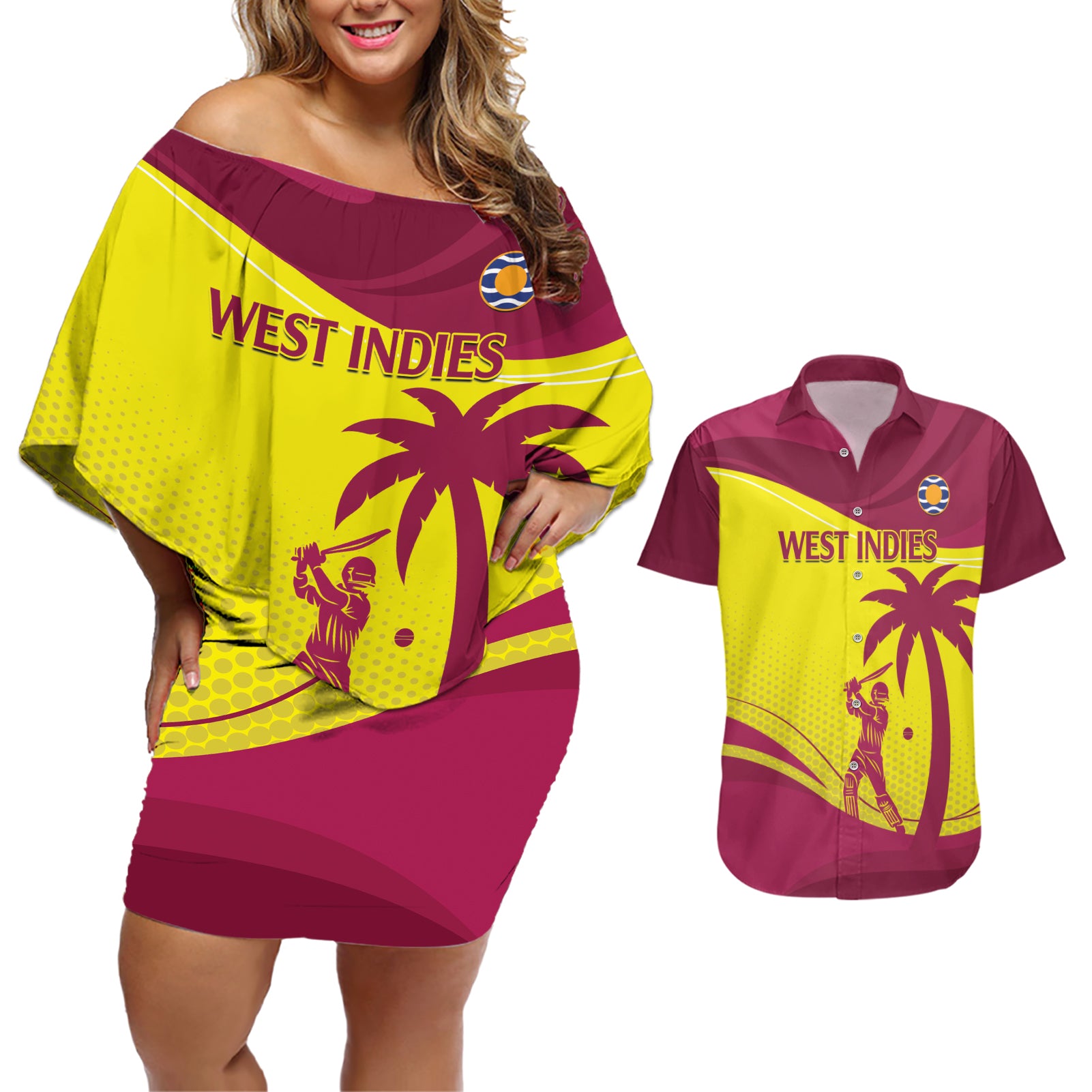 Custom West Indies Cricket Couples Matching Off Shoulder Short Dress and Hawaiian Shirt 2024 World Cup Go Windies