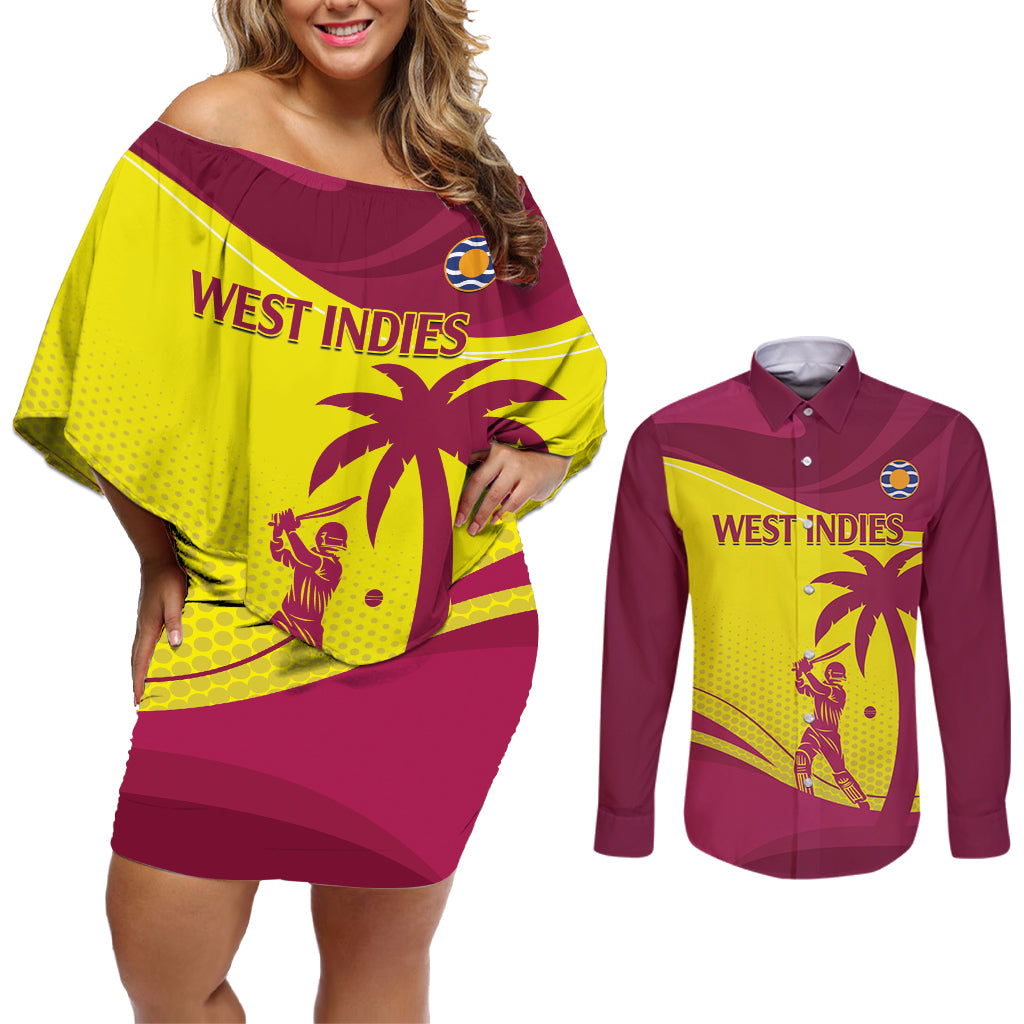 Custom West Indies Cricket Couples Matching Off Shoulder Short Dress and Long Sleeve Button Shirt 2024 World Cup Go Windies