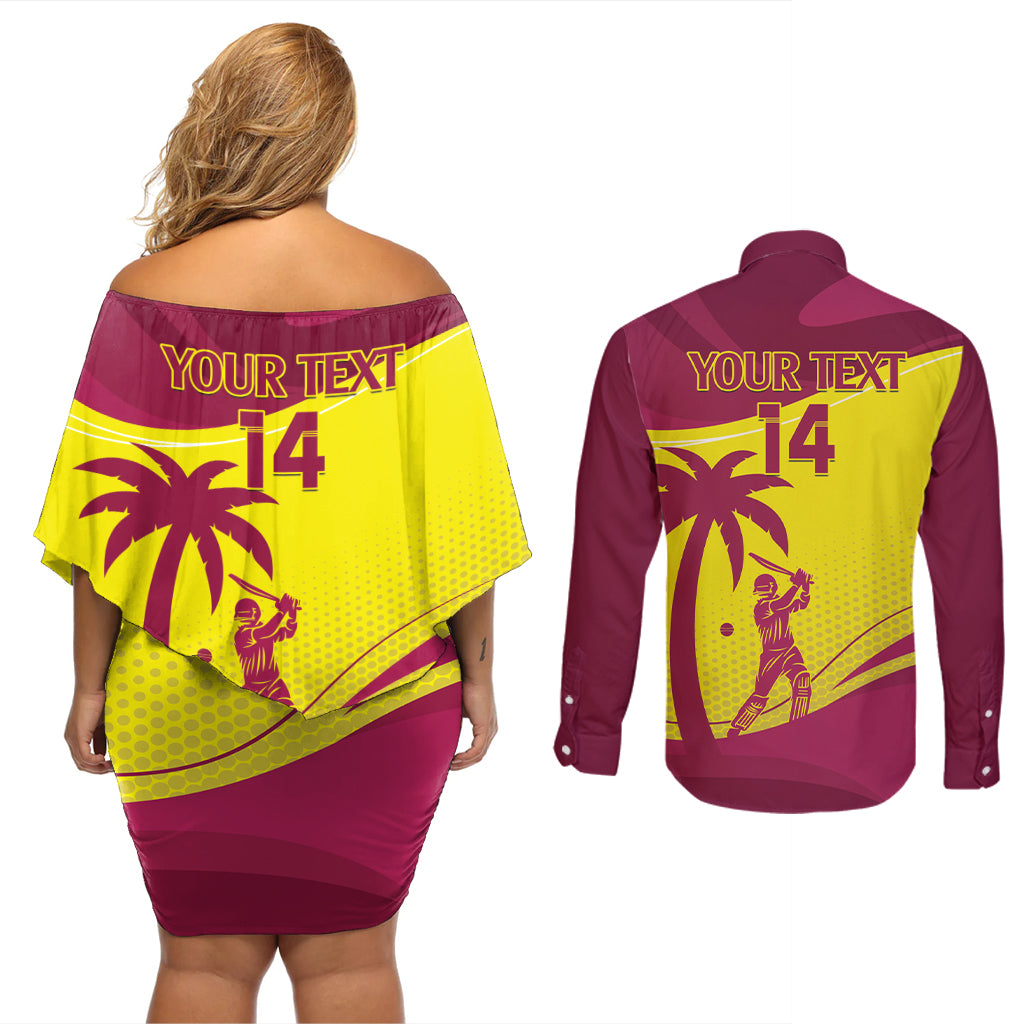 Custom West Indies Cricket Couples Matching Off Shoulder Short Dress and Long Sleeve Button Shirt 2024 World Cup Go Windies - Wonder Print Shop