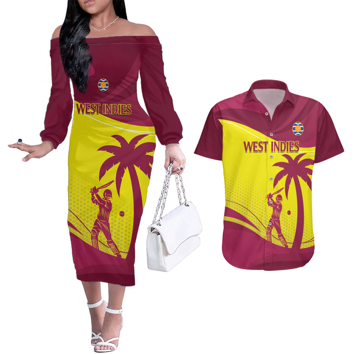 Custom West Indies Cricket Couples Matching Off The Shoulder Long Sleeve Dress and Hawaiian Shirt 2024 World Cup Go Windies - Wonder Print Shop