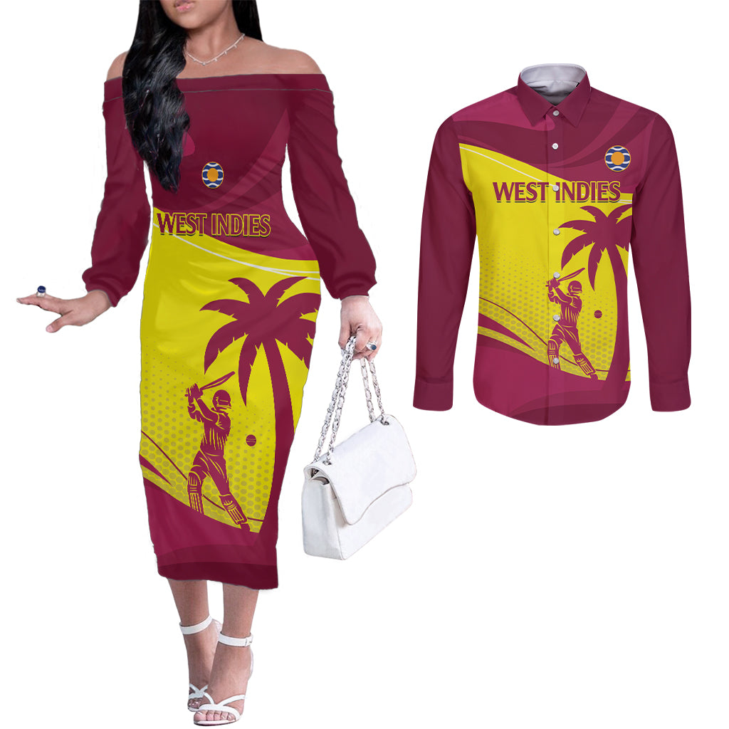 Custom West Indies Cricket Couples Matching Off The Shoulder Long Sleeve Dress and Long Sleeve Button Shirt 2024 World Cup Go Windies