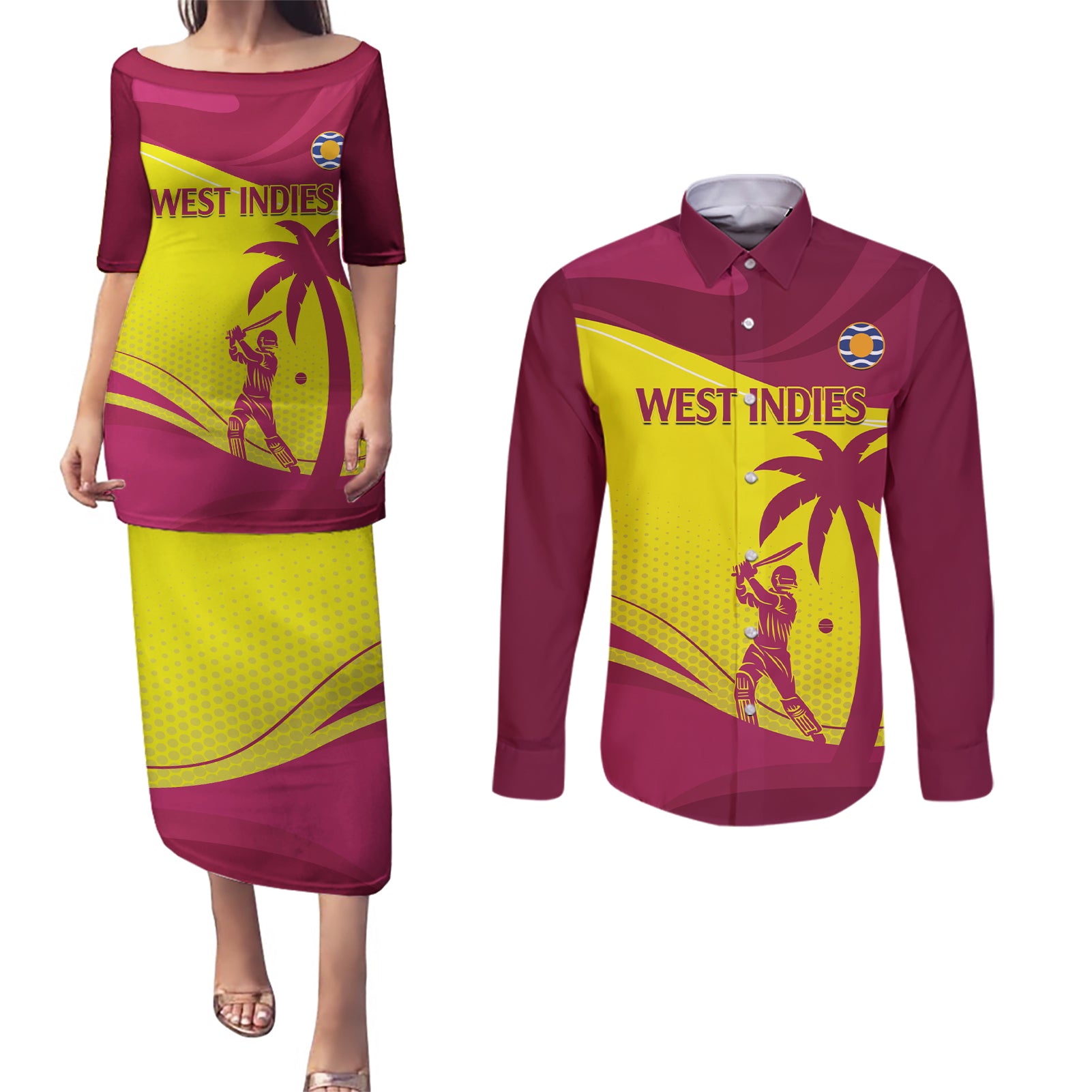 Custom West Indies Cricket Couples Matching Puletasi and Long Sleeve Button Shirt 2024 World Cup Go Windies
