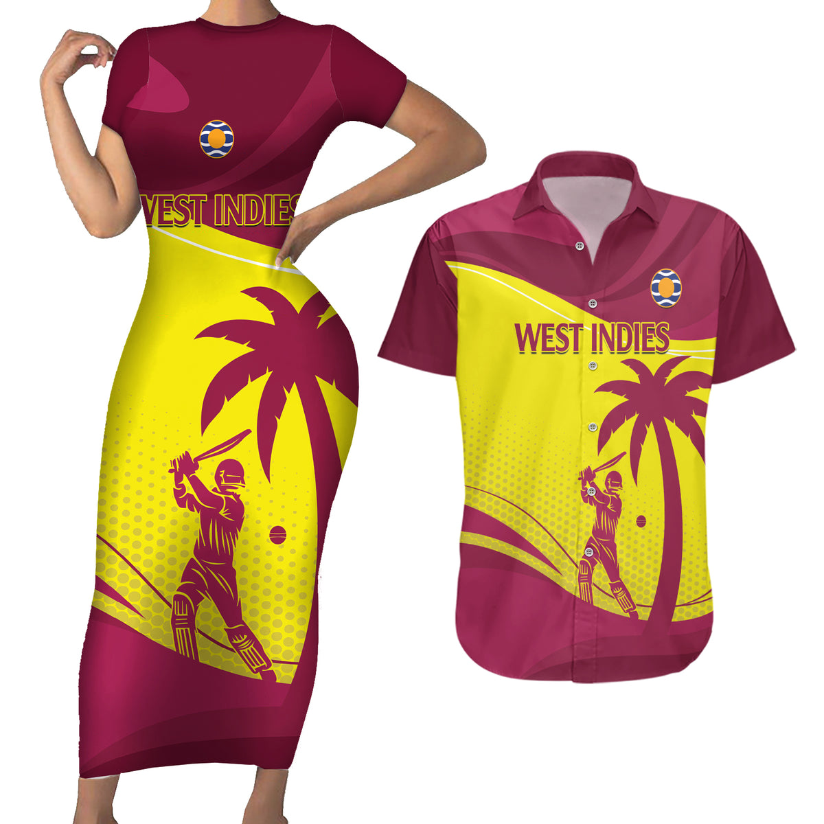 Custom West Indies Cricket Couples Matching Short Sleeve Bodycon Dress and Hawaiian Shirt 2024 World Cup Go Windies - Wonder Print Shop