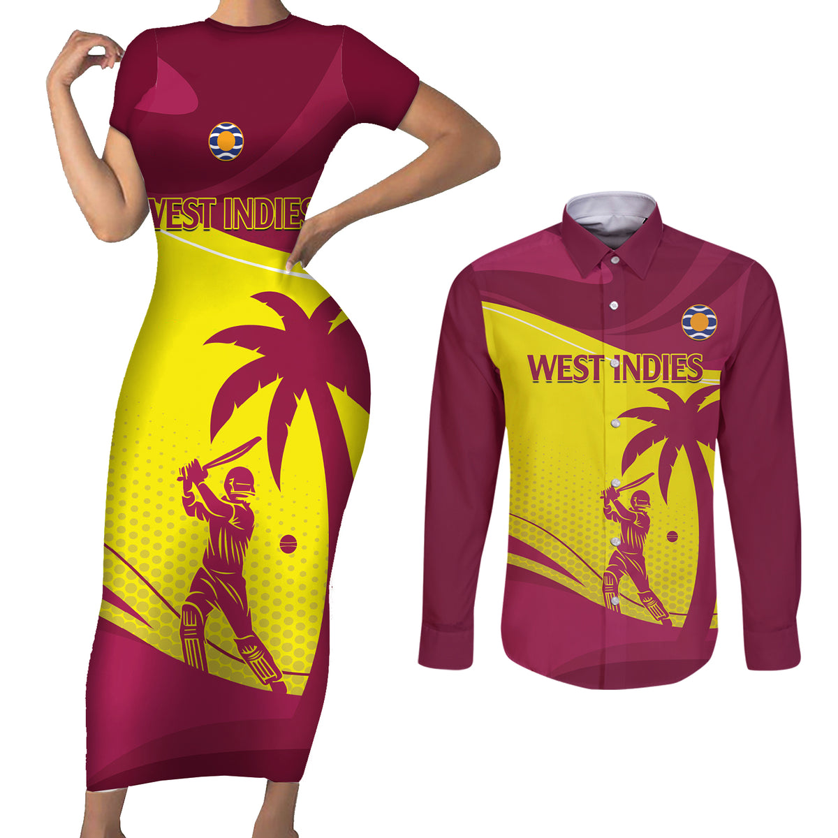 Custom West Indies Cricket Couples Matching Short Sleeve Bodycon Dress and Long Sleeve Button Shirt 2024 World Cup Go Windies - Wonder Print Shop