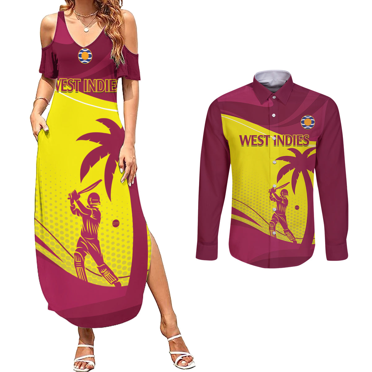 Custom West Indies Cricket Couples Matching Summer Maxi Dress and Long Sleeve Button Shirt 2024 World Cup Go Windies - Wonder Print Shop
