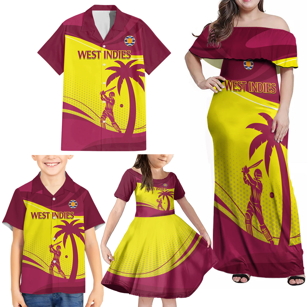 Custom West Indies Cricket Family Matching Off Shoulder Maxi Dress and Hawaiian Shirt 2024 World Cup Go Windies - Wonder Print Shop