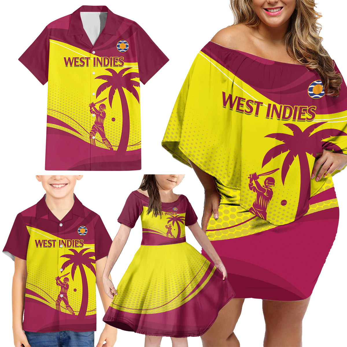 Custom West Indies Cricket Family Matching Off Shoulder Short Dress and Hawaiian Shirt 2024 World Cup Go Windies