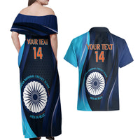 Custom India Cricket Couples Matching Off Shoulder Maxi Dress and Hawaiian Shirt 2024 World Cup Go Men in Blue - Wonder Print Shop