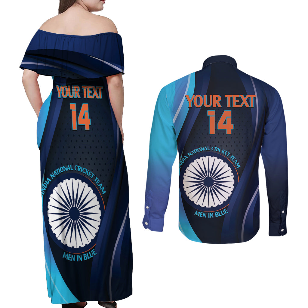 Custom India Cricket Couples Matching Off Shoulder Maxi Dress and Long Sleeve Button Shirt 2024 World Cup Go Men in Blue - Wonder Print Shop