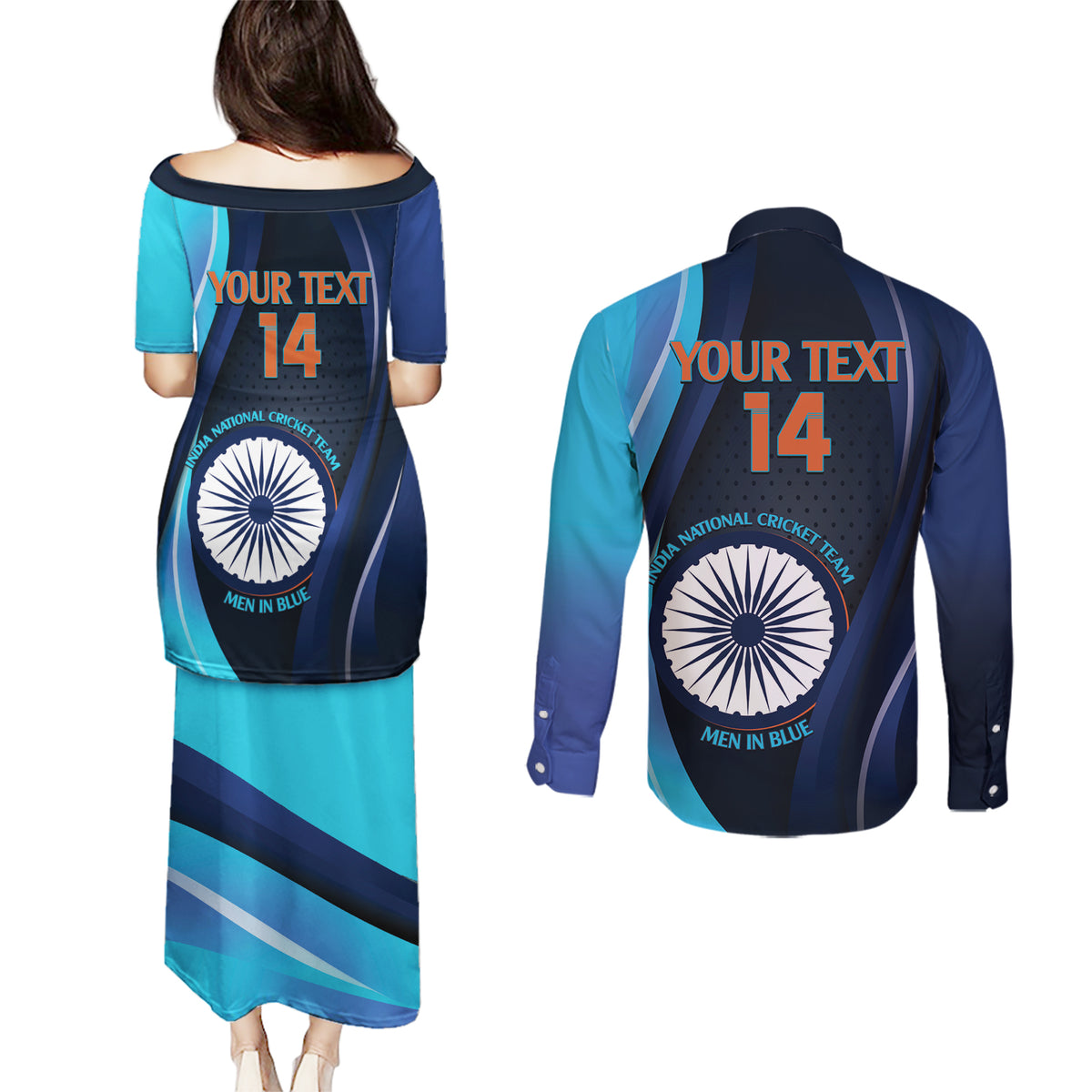 Custom India Cricket Couples Matching Puletasi and Long Sleeve Button Shirt 2024 World Cup Go Men in Blue - Wonder Print Shop
