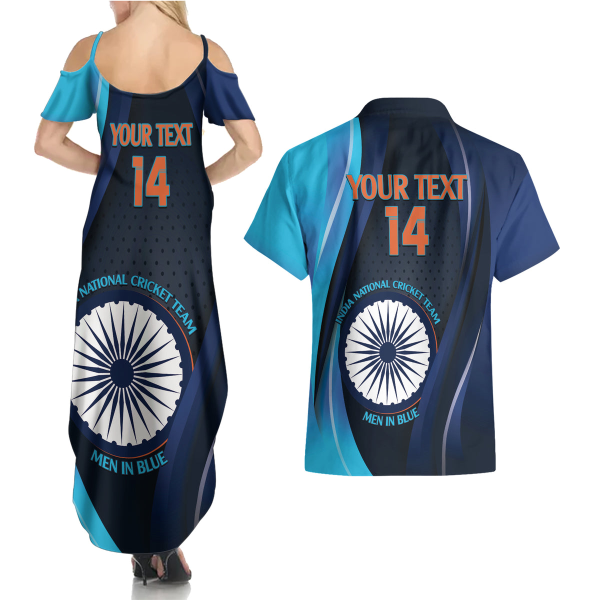 Custom India Cricket Couples Matching Summer Maxi Dress and Hawaiian Shirt 2024 World Cup Go Men in Blue - Wonder Print Shop