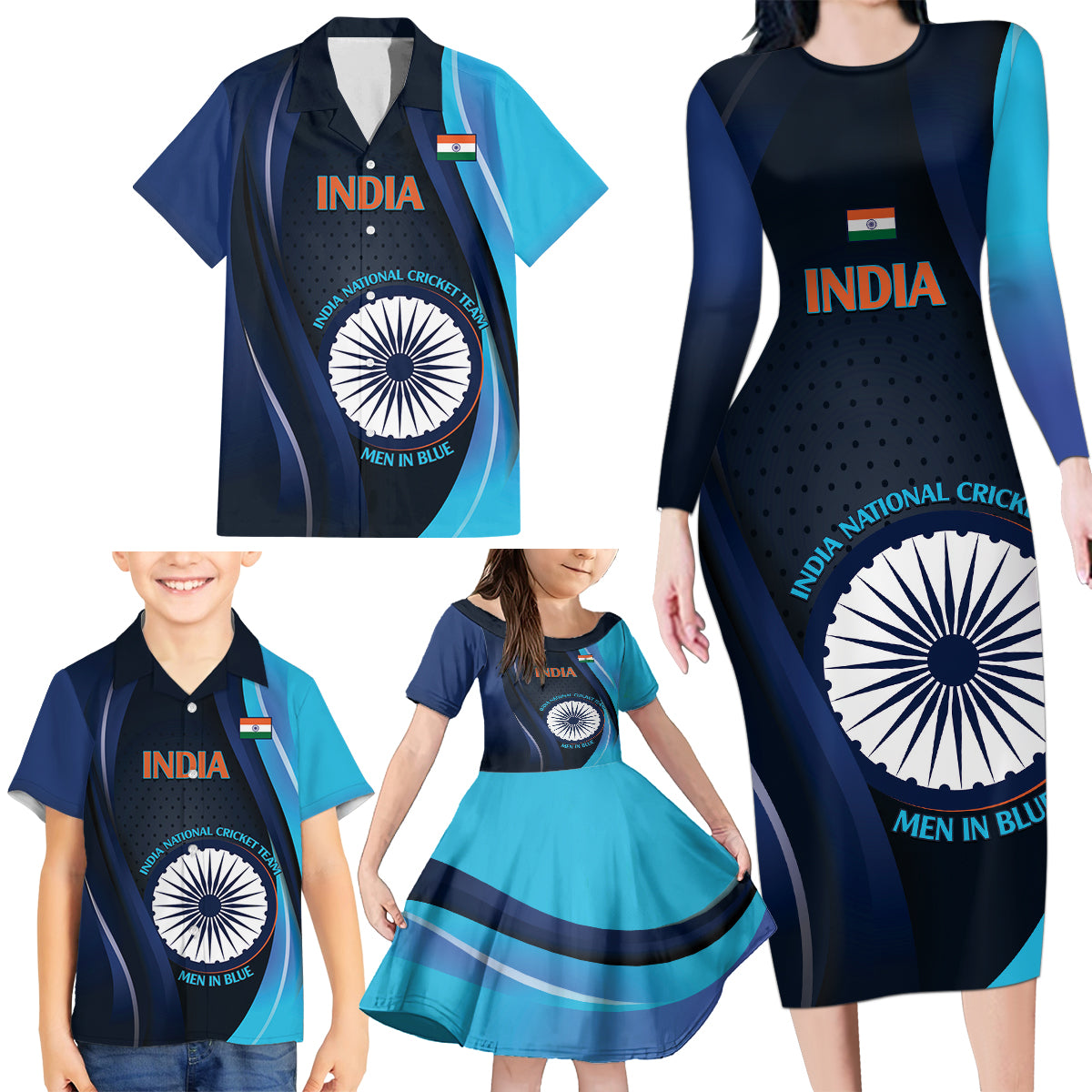 Custom India Cricket Family Matching Long Sleeve Bodycon Dress and Hawaiian Shirt 2024 World Cup Go Men in Blue