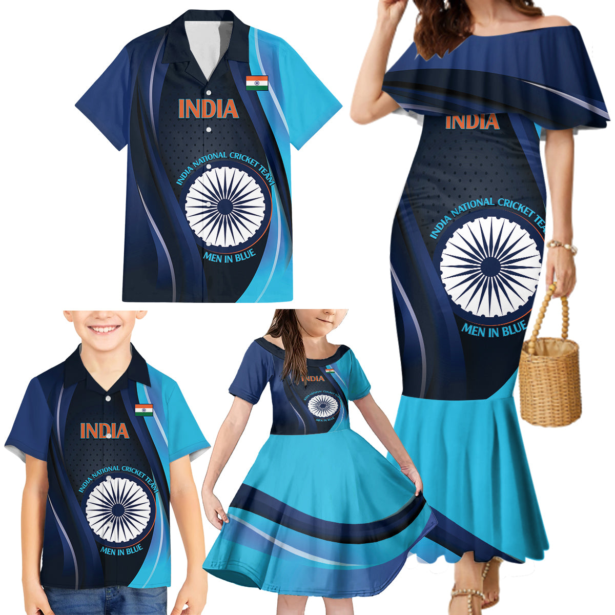Custom India Cricket Family Matching Mermaid Dress and Hawaiian Shirt 2024 World Cup Go Men in Blue