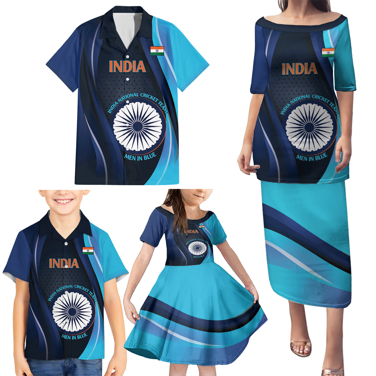 Custom India Cricket Family Matching Puletasi and Hawaiian Shirt 2024 World Cup Go Men in Blue