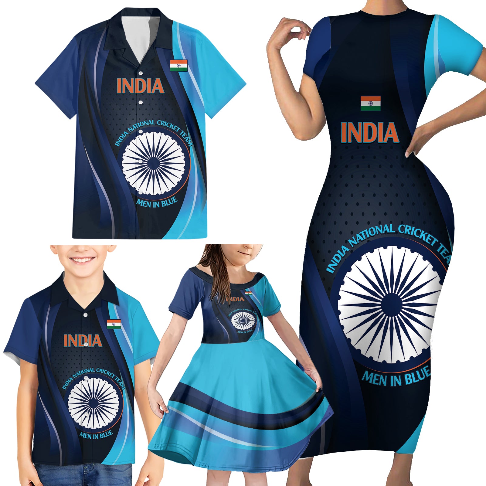 Custom India Cricket Family Matching Short Sleeve Bodycon Dress and Hawaiian Shirt 2024 World Cup Go Men in Blue
