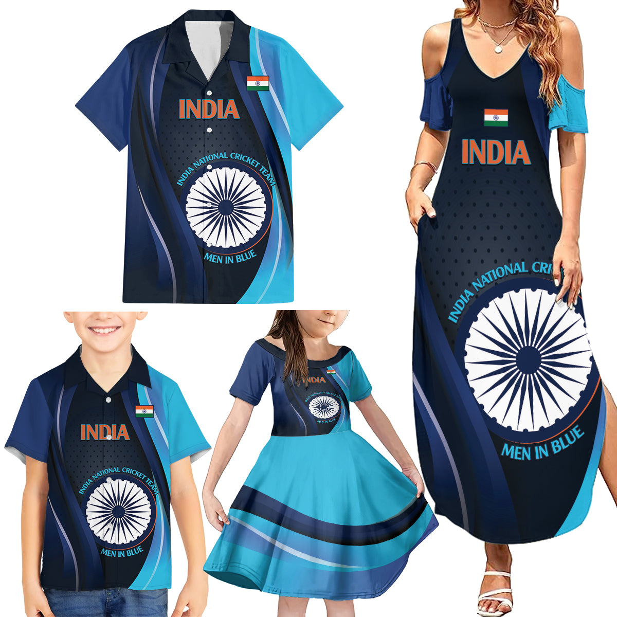 Custom India Cricket Family Matching Summer Maxi Dress and Hawaiian Shirt 2024 World Cup Go Men in Blue