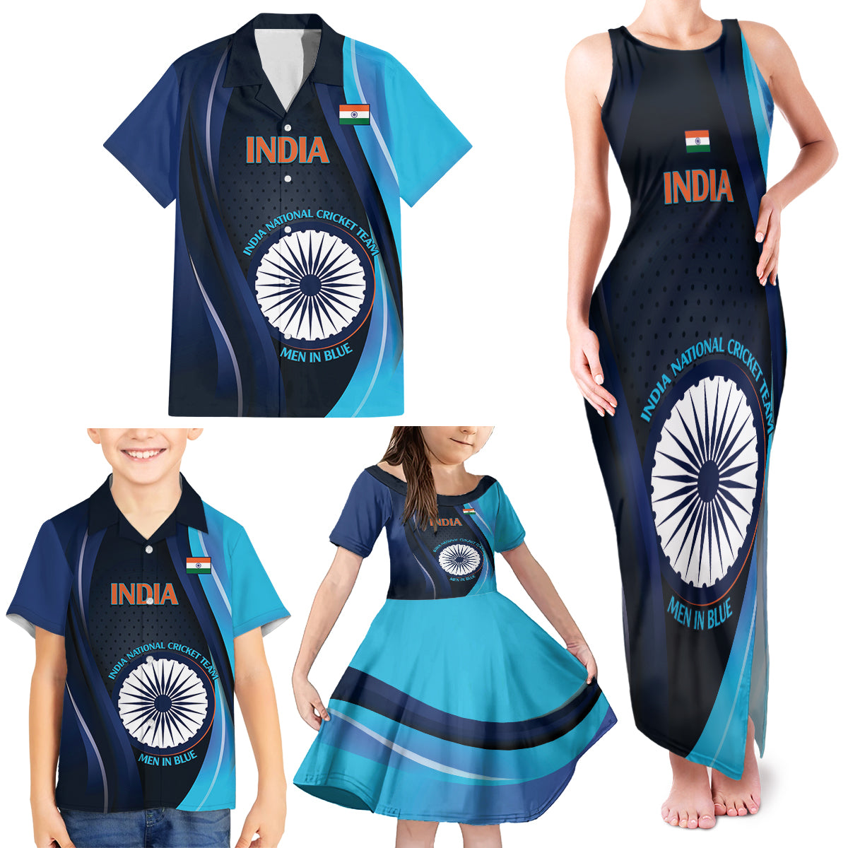 Custom India Cricket Family Matching Tank Maxi Dress and Hawaiian Shirt 2024 World Cup Go Men in Blue