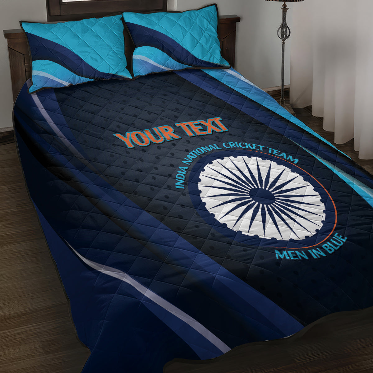 Custom India Cricket Quilt Bed Set 2024 World Cup Go Men in Blue