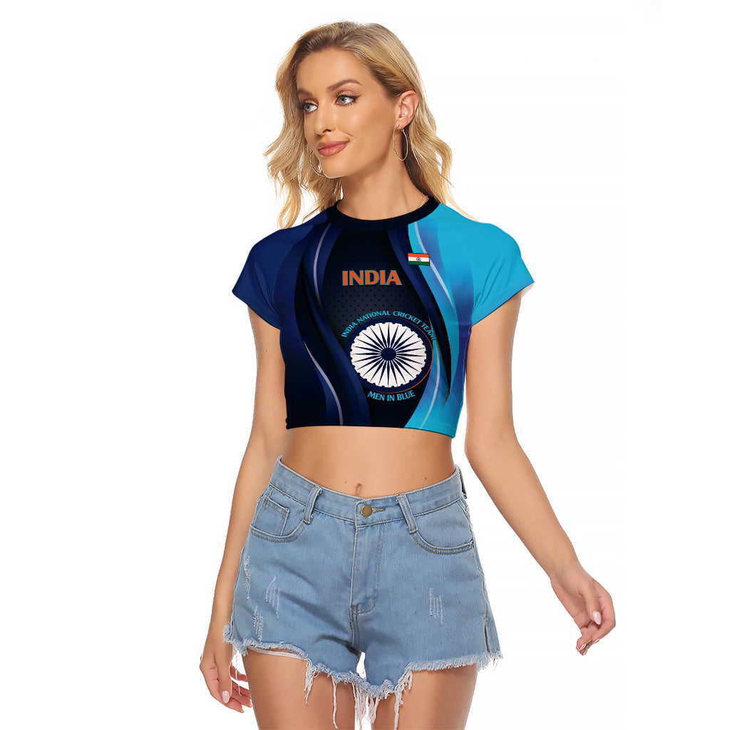 Custom India Cricket Raglan Cropped T Shirt 2024 World Cup Go Men in Blue - Wonder Print Shop