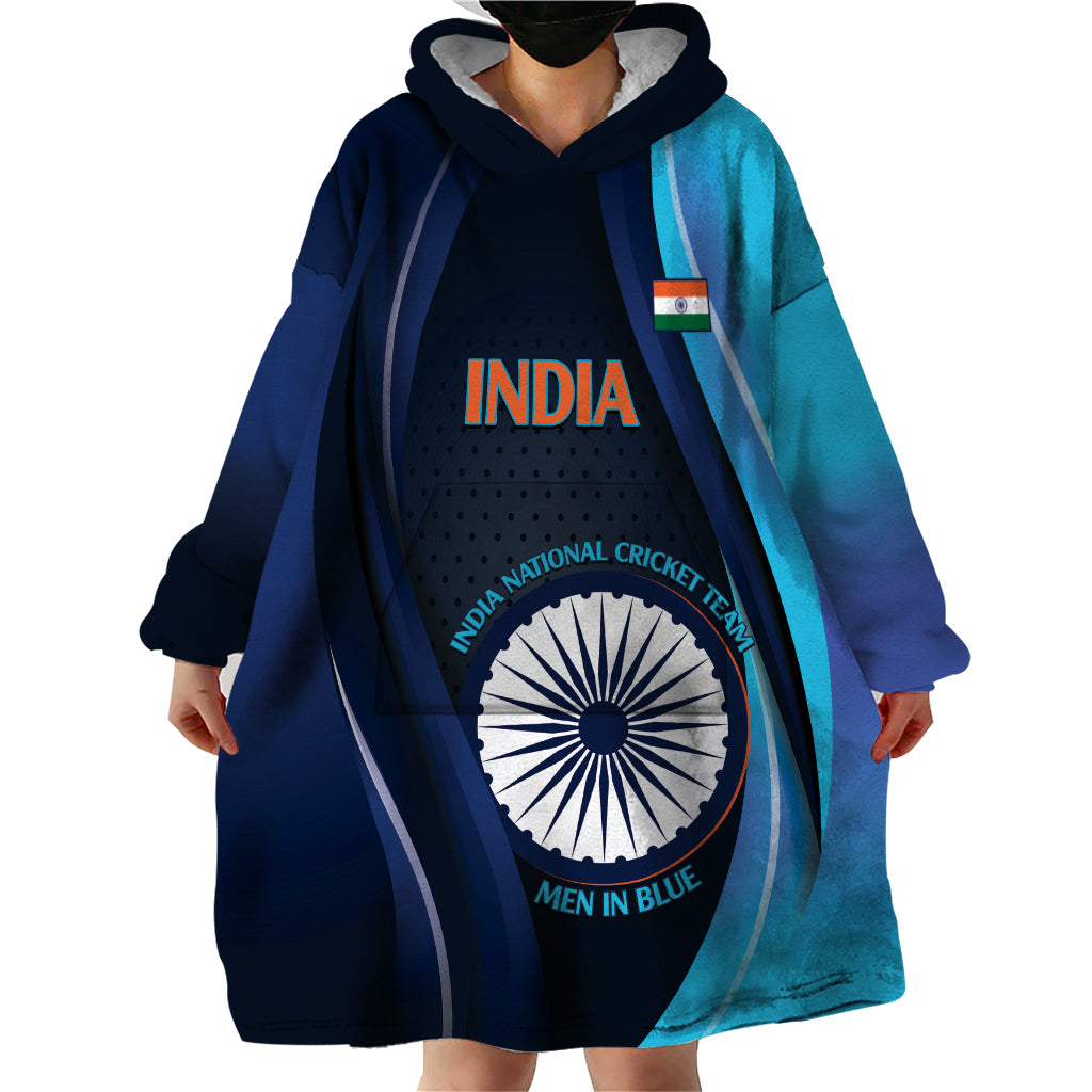 Custom India Cricket Wearable Blanket Hoodie 2024 World Cup Go Men in Blue - Wonder Print Shop