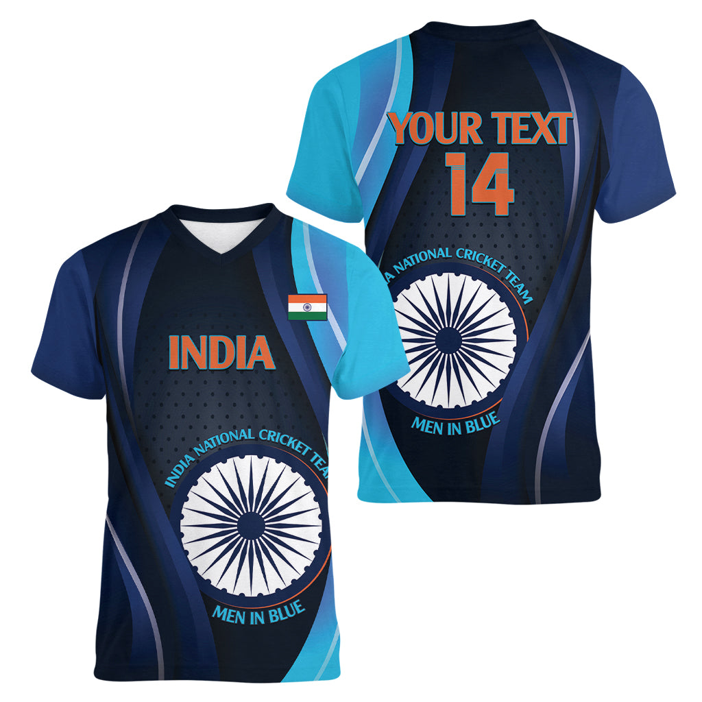 Custom India Cricket Women V-Neck T-Shirt 2024 World Cup Go Men in Blue - Wonder Print Shop
