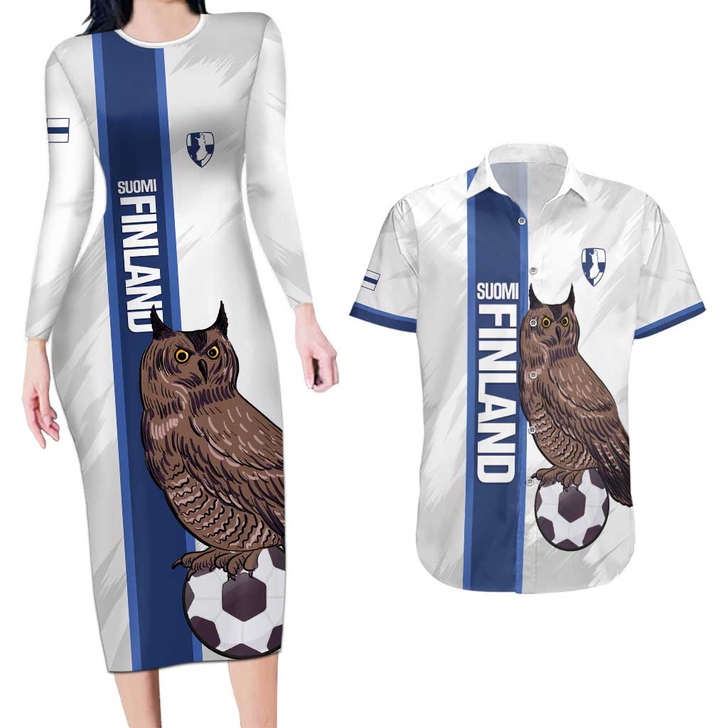 Custom Finland Football Couples Matching Long Sleeve Bodycon Dress and Hawaiian Shirt Suomi Come On Huuhkajat