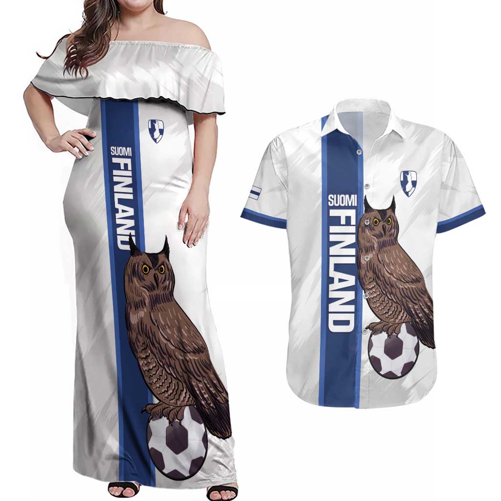 Custom Finland Football Couples Matching Off Shoulder Maxi Dress and Hawaiian Shirt Suomi Come On Huuhkajat