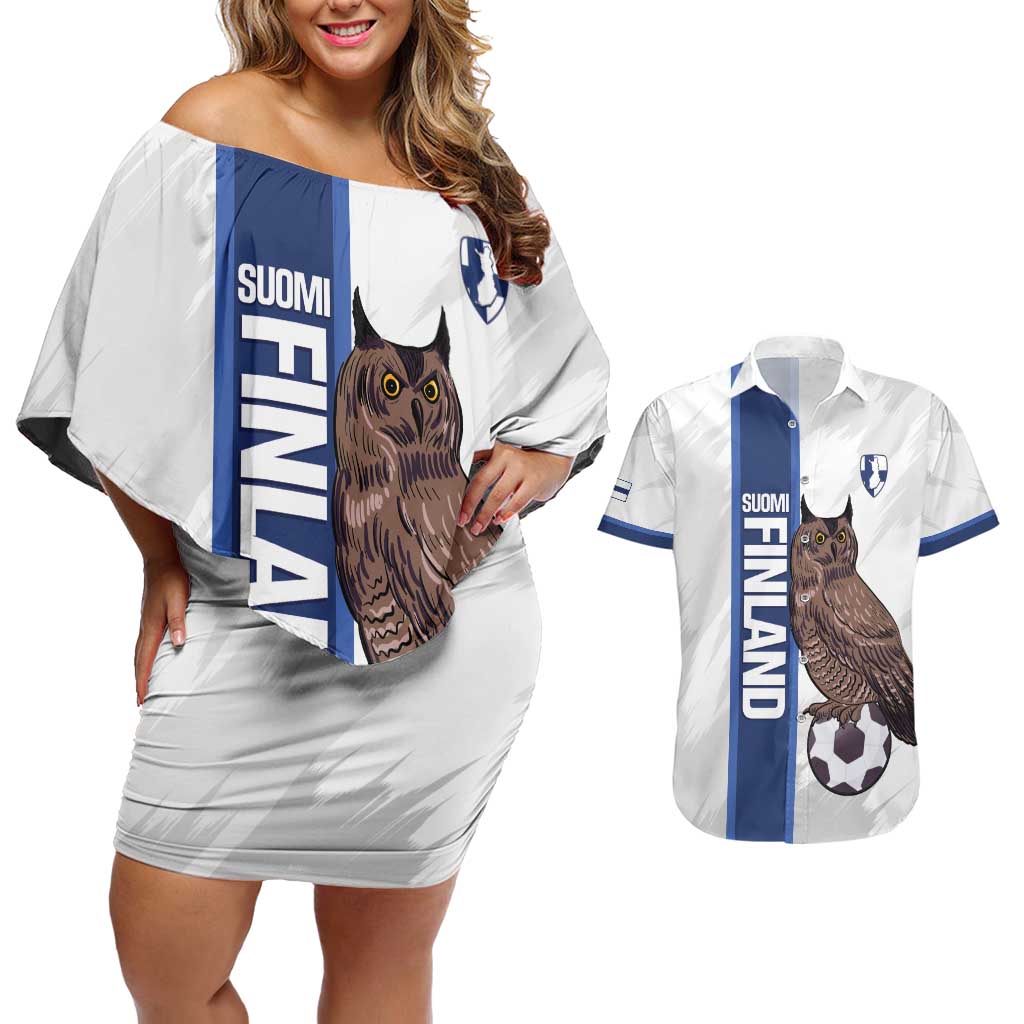 Custom Finland Football Couples Matching Off Shoulder Short Dress and Hawaiian Shirt Suomi Come On Huuhkajat