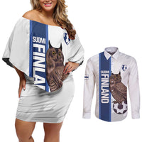 Custom Finland Football Couples Matching Off Shoulder Short Dress and Long Sleeve Button Shirt Suomi Come On Huuhkajat