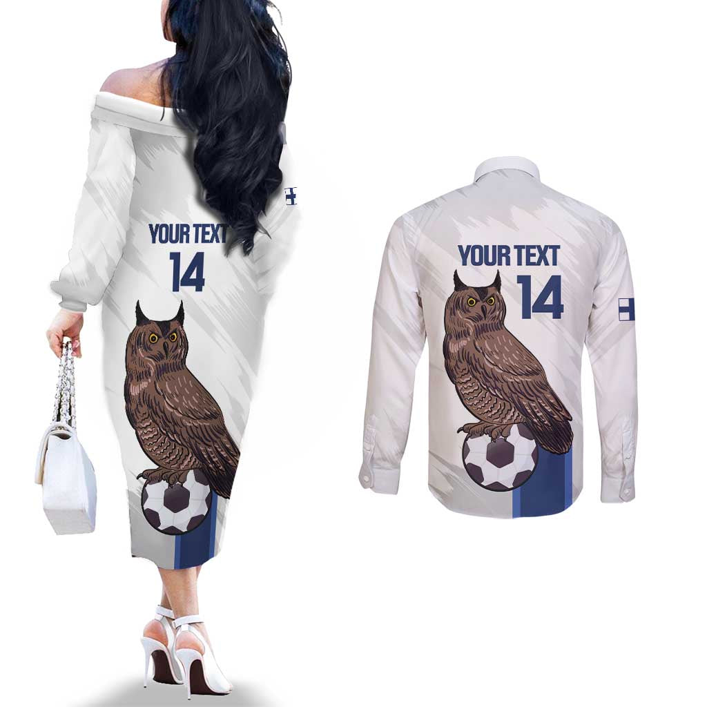 Custom Finland Football Couples Matching Off The Shoulder Long Sleeve Dress and Long Sleeve Button Shirt Suomi Come On Huuhkajat