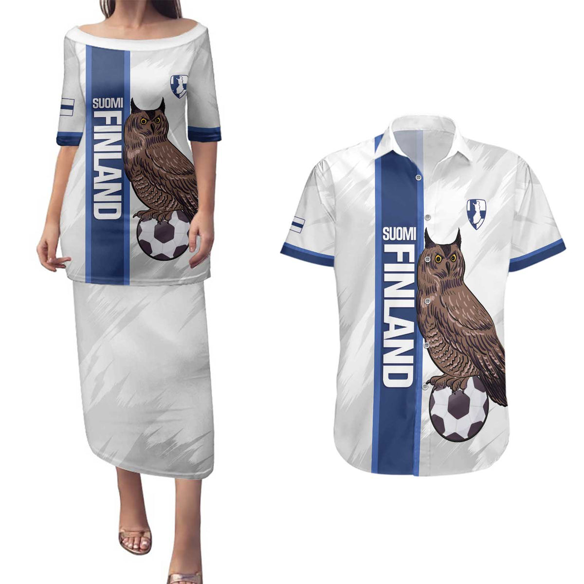 Custom Finland Football Couples Matching Puletasi and Hawaiian Shirt Suomi Come On Huuhkajat