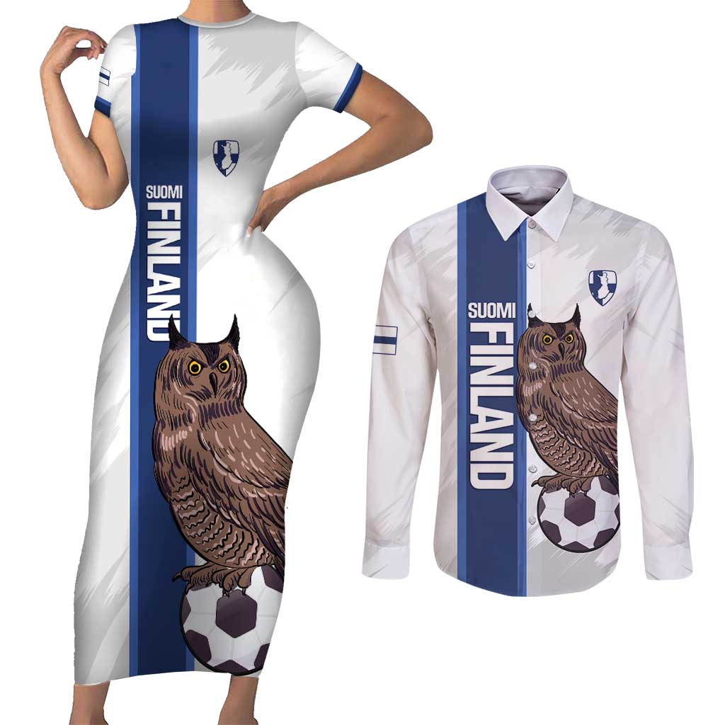 Custom Finland Football Couples Matching Short Sleeve Bodycon Dress and Long Sleeve Button Shirt Suomi Come On Huuhkajat