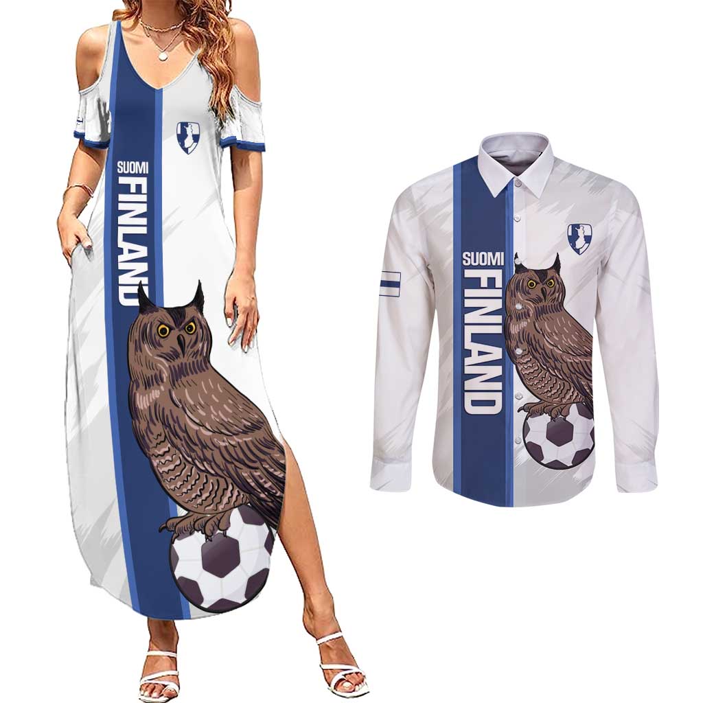 Custom Finland Football Couples Matching Summer Maxi Dress and Long Sleeve Button Shirt Suomi Come On Huuhkajat