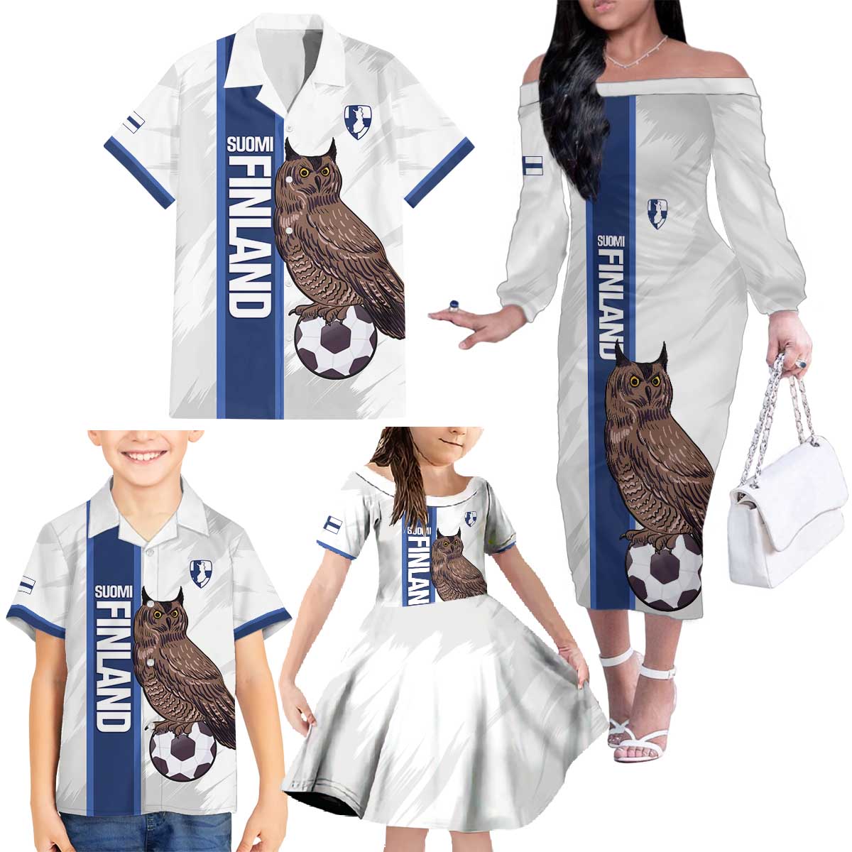 Custom Finland Football Family Matching Off The Shoulder Long Sleeve Dress and Hawaiian Shirt Suomi Come On Huuhkajat