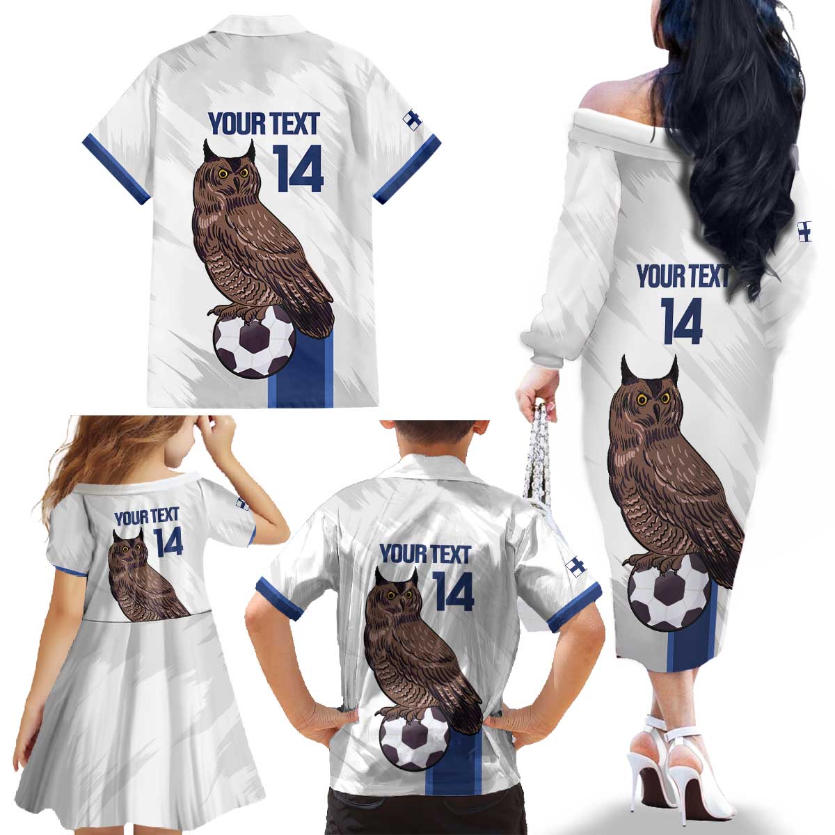 Custom Finland Football Family Matching Off The Shoulder Long Sleeve Dress and Hawaiian Shirt Suomi Come On Huuhkajat