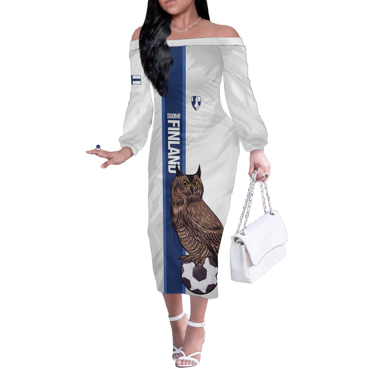 Custom Finland Football Off The Shoulder Long Sleeve Dress Suomi Come On Huuhkajat