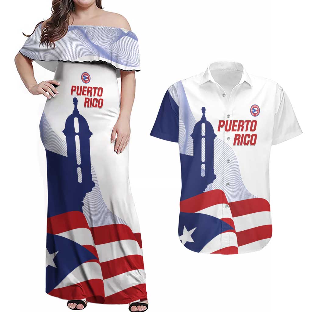 Custom Puerto Rico Football Couples Matching Off Shoulder Maxi Dress and Hawaiian Shirt Vamos Los Boricuas