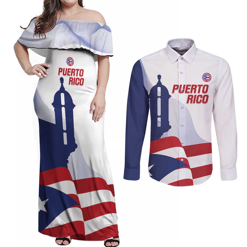Custom Puerto Rico Football Couples Matching Off Shoulder Maxi Dress and Long Sleeve Button Shirt Vamos Los Boricuas