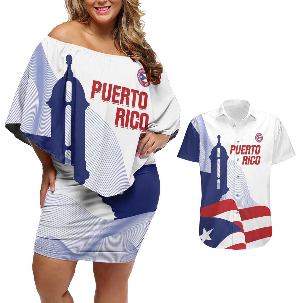 Custom Puerto Rico Football Couples Matching Off Shoulder Short Dress and Hawaiian Shirt Vamos Los Boricuas