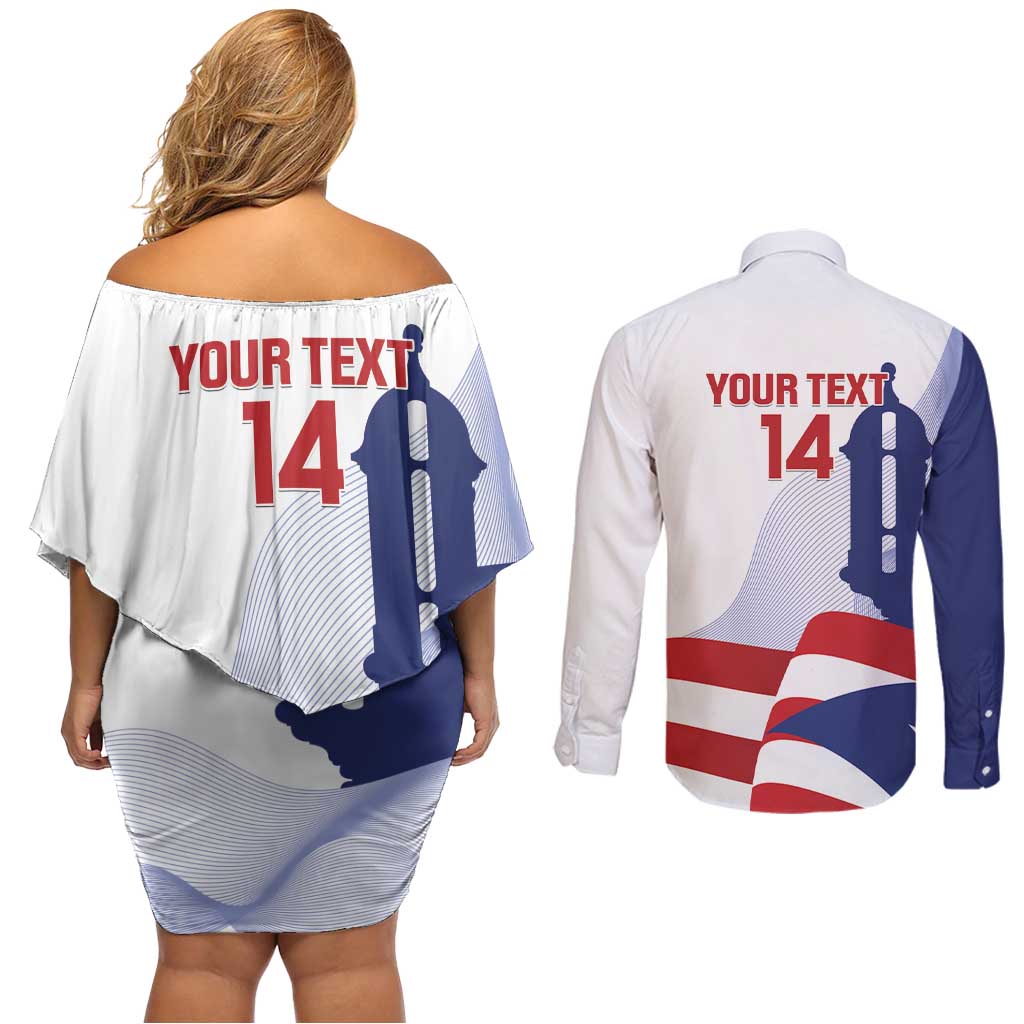 Custom Puerto Rico Football Couples Matching Off Shoulder Short Dress and Long Sleeve Button Shirt Vamos Los Boricuas