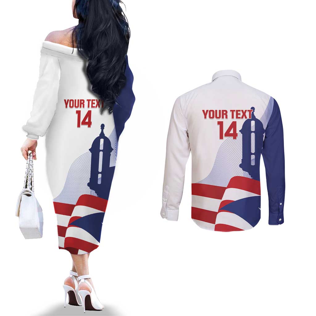 Custom Puerto Rico Football Couples Matching Off The Shoulder Long Sleeve Dress and Long Sleeve Button Shirt Vamos Los Boricuas