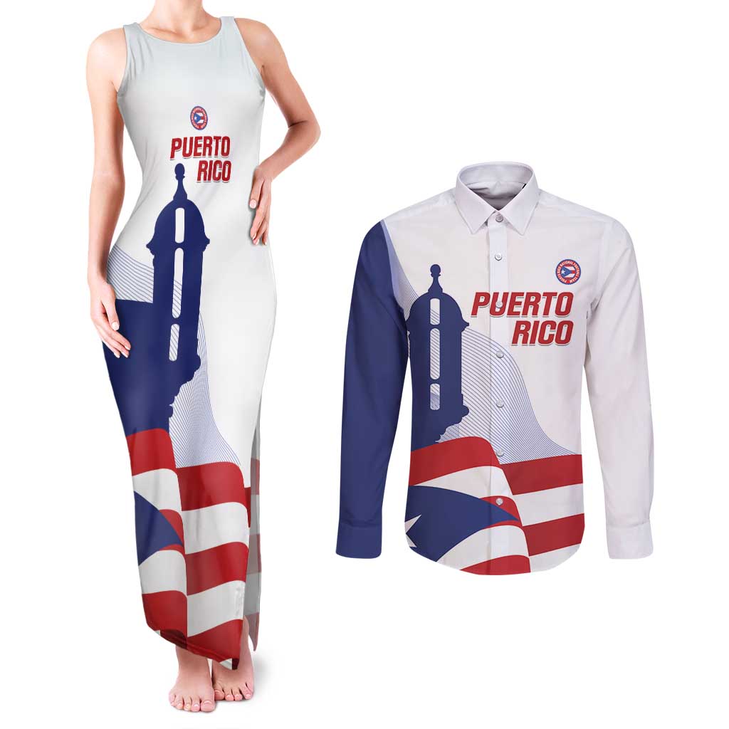 Custom Puerto Rico Football Couples Matching Tank Maxi Dress and Long Sleeve Button Shirt Vamos Los Boricuas