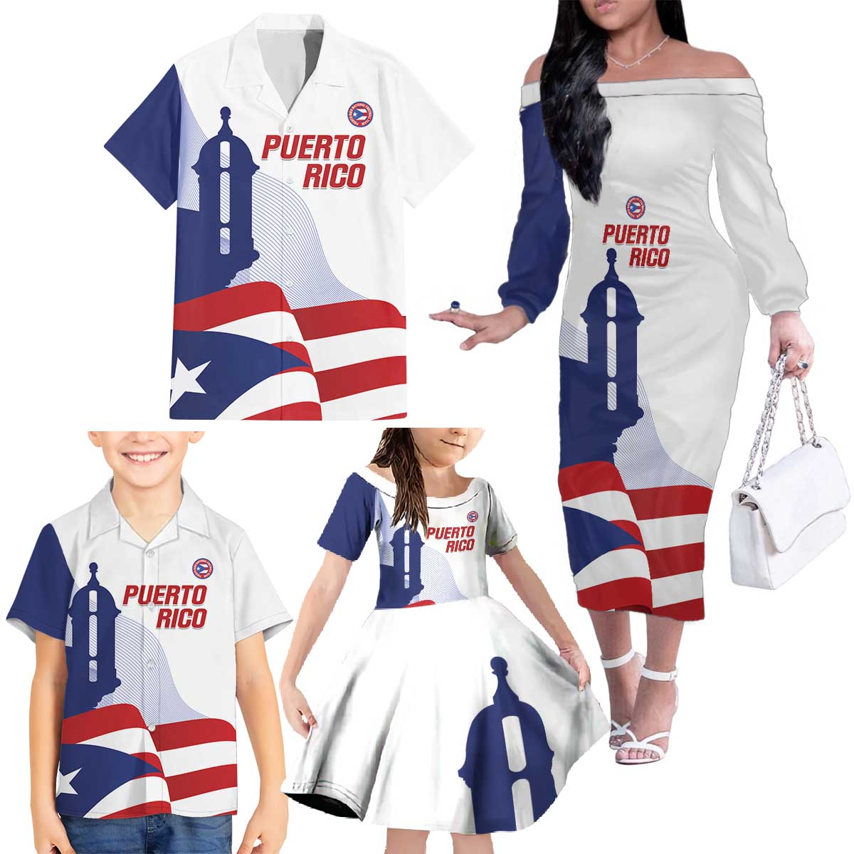 Custom Puerto Rico Football Family Matching Off The Shoulder Long Sleeve Dress and Hawaiian Shirt Vamos Los Boricuas