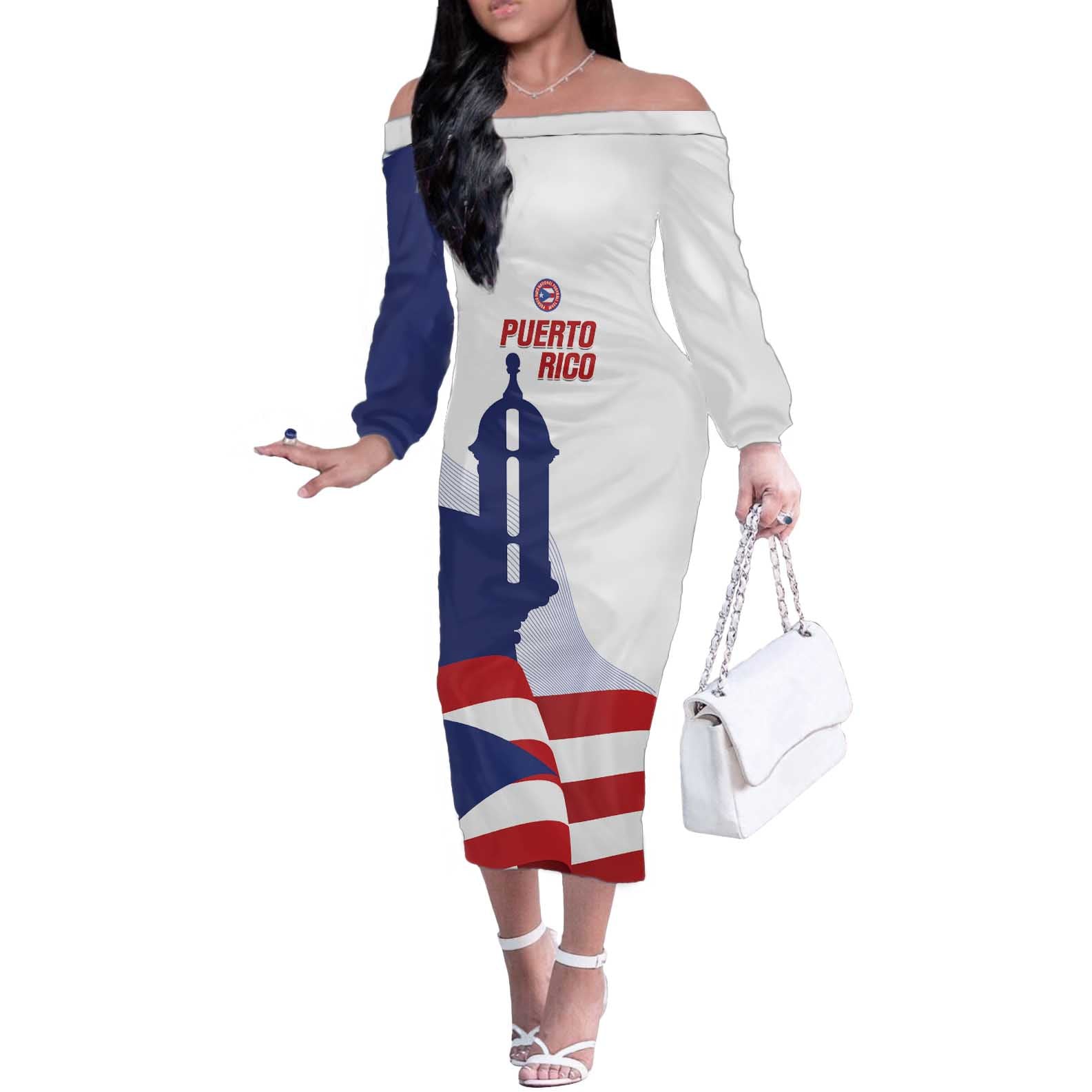 Custom Puerto Rico Football Off The Shoulder Long Sleeve Dress Vamos Los Boricuas
