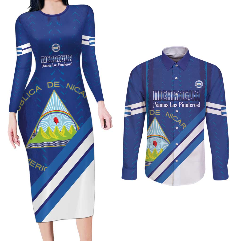 Custom Nicaragua Football Couples Matching Long Sleeve Bodycon Dress and Long Sleeve Button Shirt Vamos Los Pinoleros